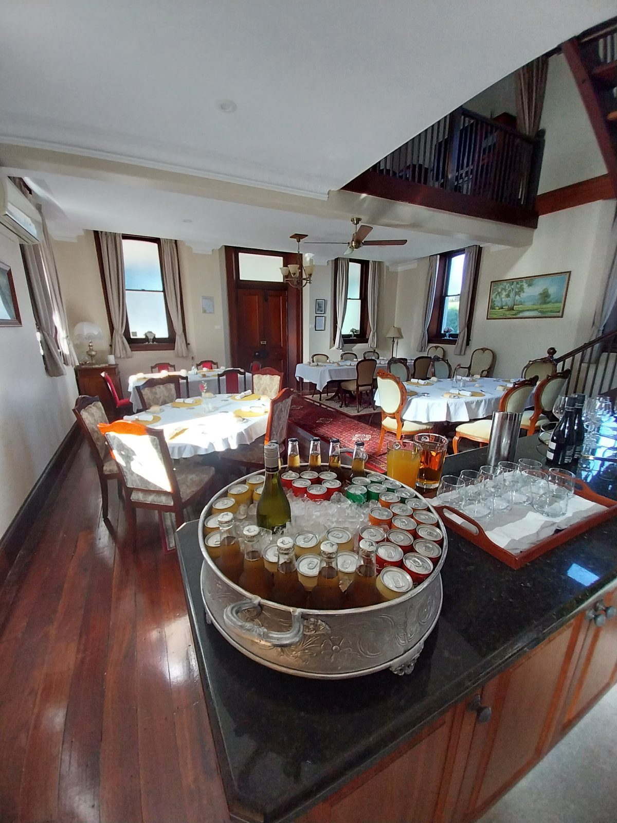Dining room set for an event at the Old Denman Courthouse